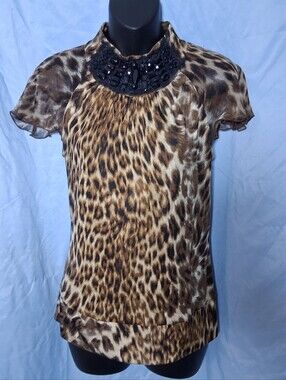 Alberto Makali Vintage Y2K 100% Silk Leopard Print Blouse Beaded Neckline Size S